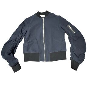 A.L.C. Wool blend ruched sleeve bomber navy zip jacket minimalist grunge sz 4